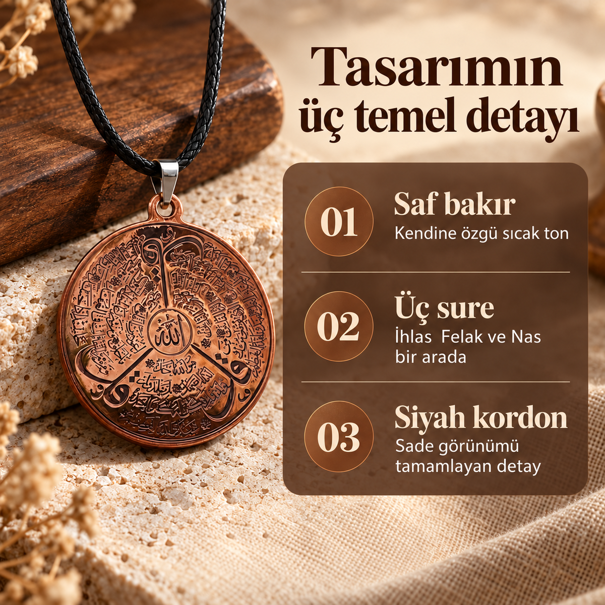 Kormant™ İhlas, Felak ve Nas Sureli Saf Bakır Kolye