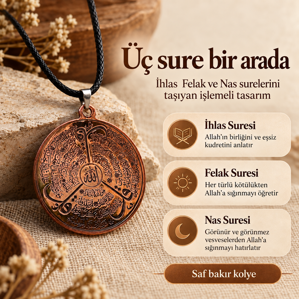 Kormant™ İhlas, Felak ve Nas Sureli Saf Bakır Kolye